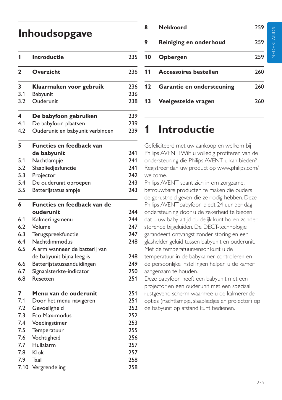 Nederlands, Nl gebruiksaanwijzing, 1 introductie | Inhoudsopgave | Philips AVENT Écoute-bébé DECT User Manual | Page 235 / 400