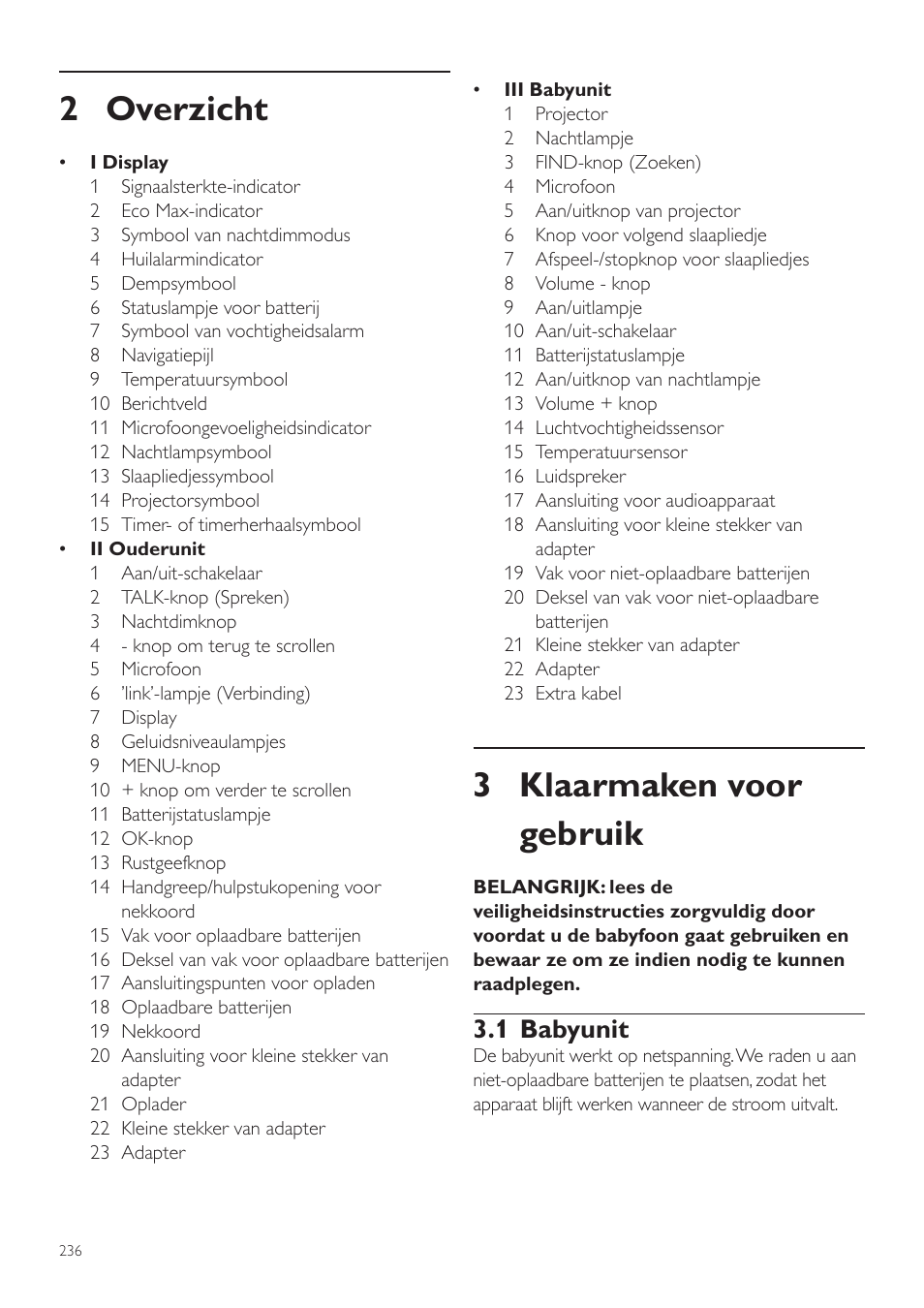 2 overzicht, Klaarmaken voor gebruik, 1 babyunit | 3 klaarmaken voor gebruik | Philips AVENT Écoute-bébé DECT User Manual | Page 236 / 400