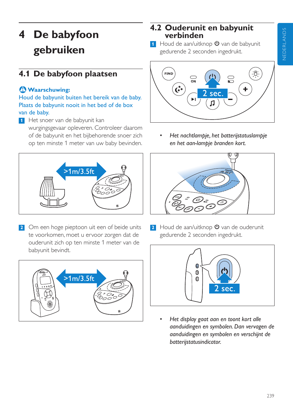 De babyfoon gebruiken, 1 de babyfoon plaatsen, 2 ouderunit en babyunit verbinden | 4 de babyfoon gebruiken | Philips AVENT Écoute-bébé DECT User Manual | Page 239 / 400