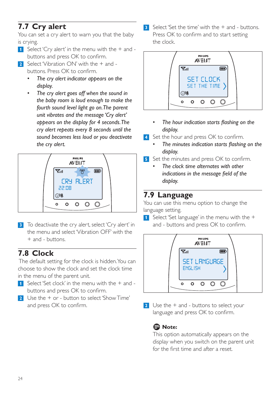 7 cry alert, 8 clock, 9 language | Philips AVENT Écoute-bébé DECT User Manual | Page 24 / 400