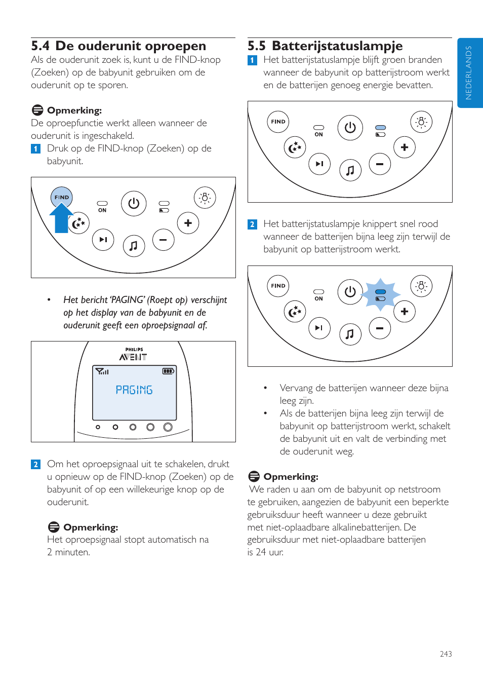 4 de ouderunit oproepen, 5 batterijstatuslampje | Philips AVENT Écoute-bébé DECT User Manual | Page 243 / 400