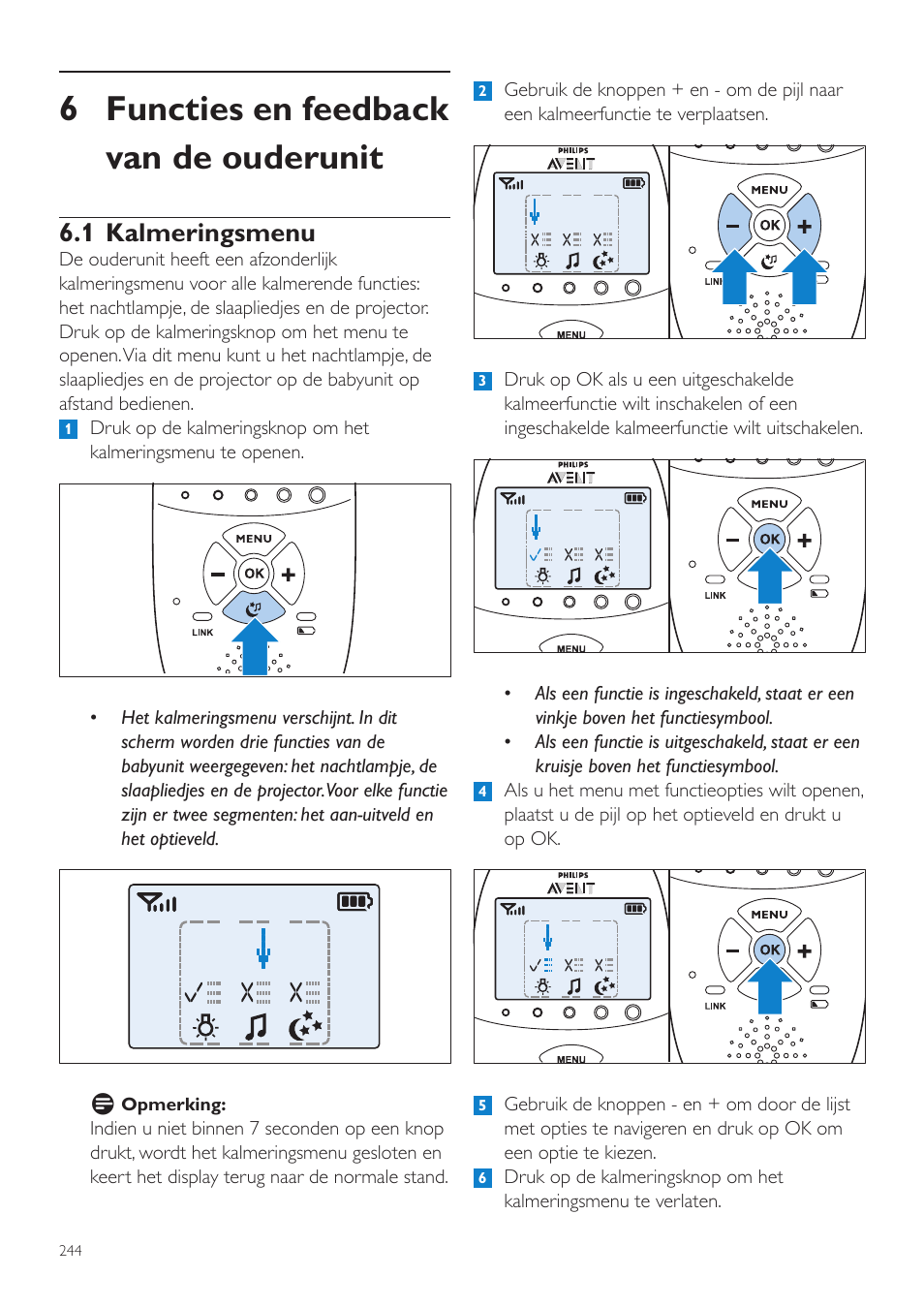 Functies en feedback van de, Ouderunit, 1 kalmeringsmenu | 6 functies en feedback van de ouderunit | Philips AVENT Écoute-bébé DECT User Manual | Page 244 / 400