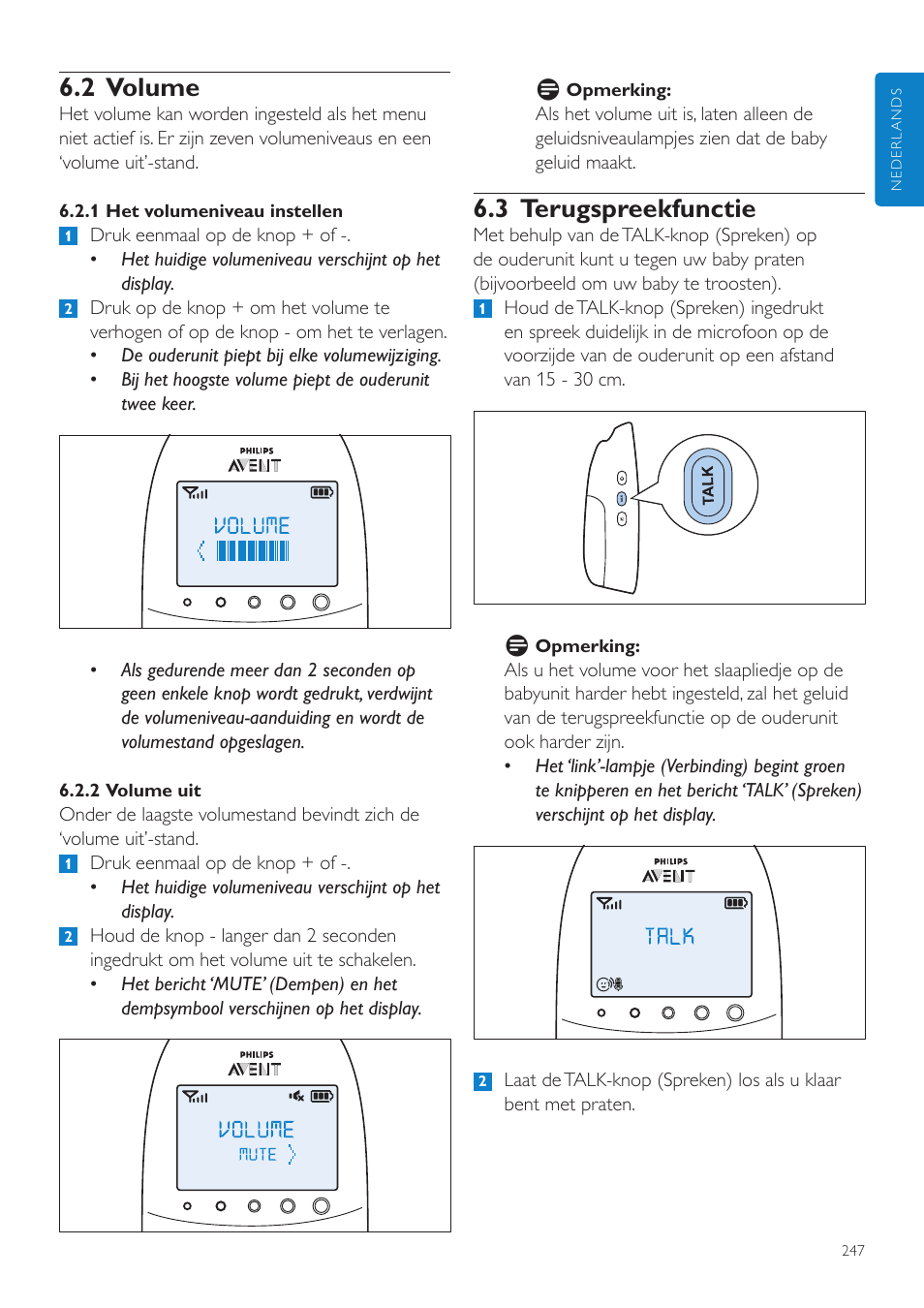 2 volume, 3 terugspreekfunctie | Philips AVENT Écoute-bébé DECT User Manual | Page 247 / 400