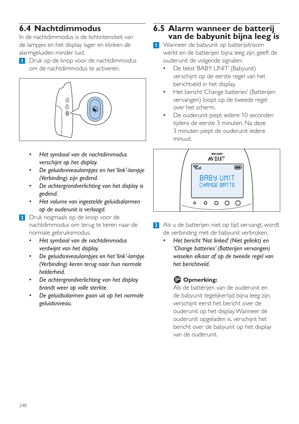 4 nachtdimmodus, 5 alarm wanneer de batterij van, De babyunit bijna leeg is | Philips AVENT Écoute-bébé DECT User Manual | Page 248 / 400