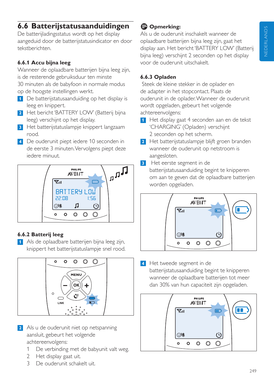 6 batterijstatusaanduidingen | Philips AVENT Écoute-bébé DECT User Manual | Page 249 / 400