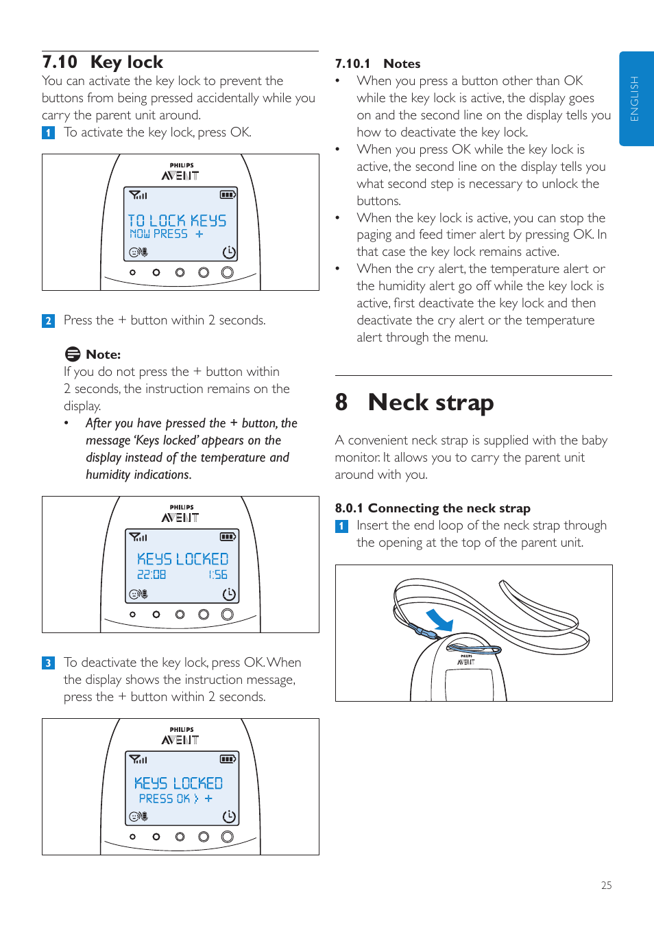 Neck strap, 10 key lock, 8 neck strap | Philips AVENT Écoute-bébé DECT User Manual | Page 25 / 400