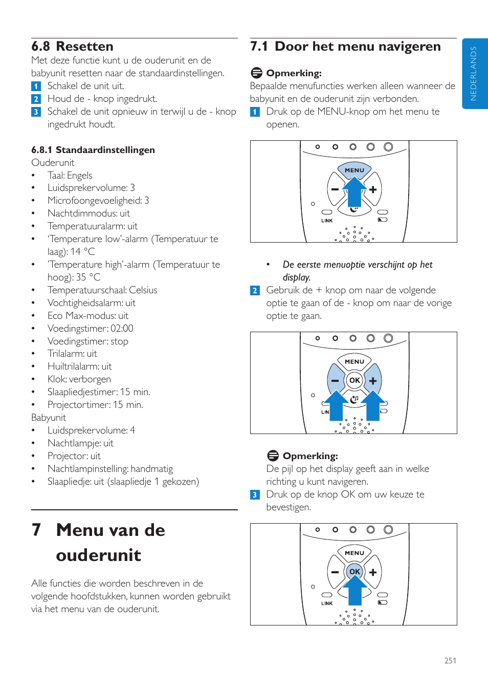 8 resetten, Menu van de ouderunit, 1 door het menu navigeren | 7 menu van de ouderunit | Philips AVENT Écoute-bébé DECT User Manual | Page 251 / 400