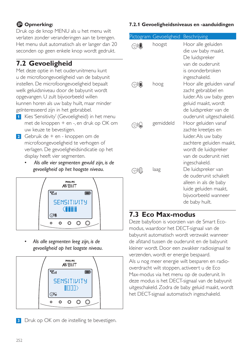 2 gevoeligheid, 3 eco max-modus | Philips AVENT Écoute-bébé DECT User Manual | Page 252 / 400