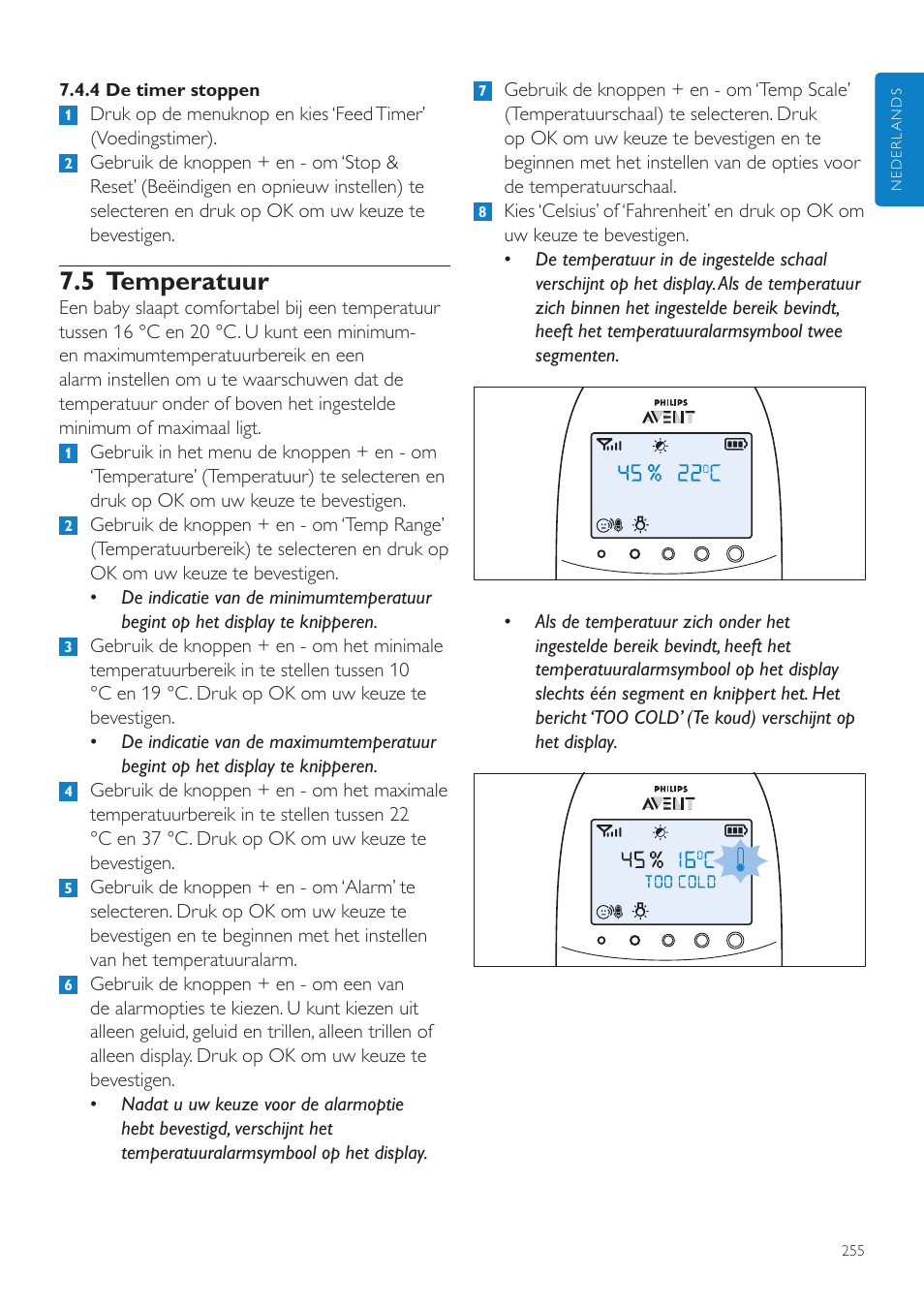 5 temperatuur | Philips AVENT Écoute-bébé DECT User Manual | Page 255 / 400