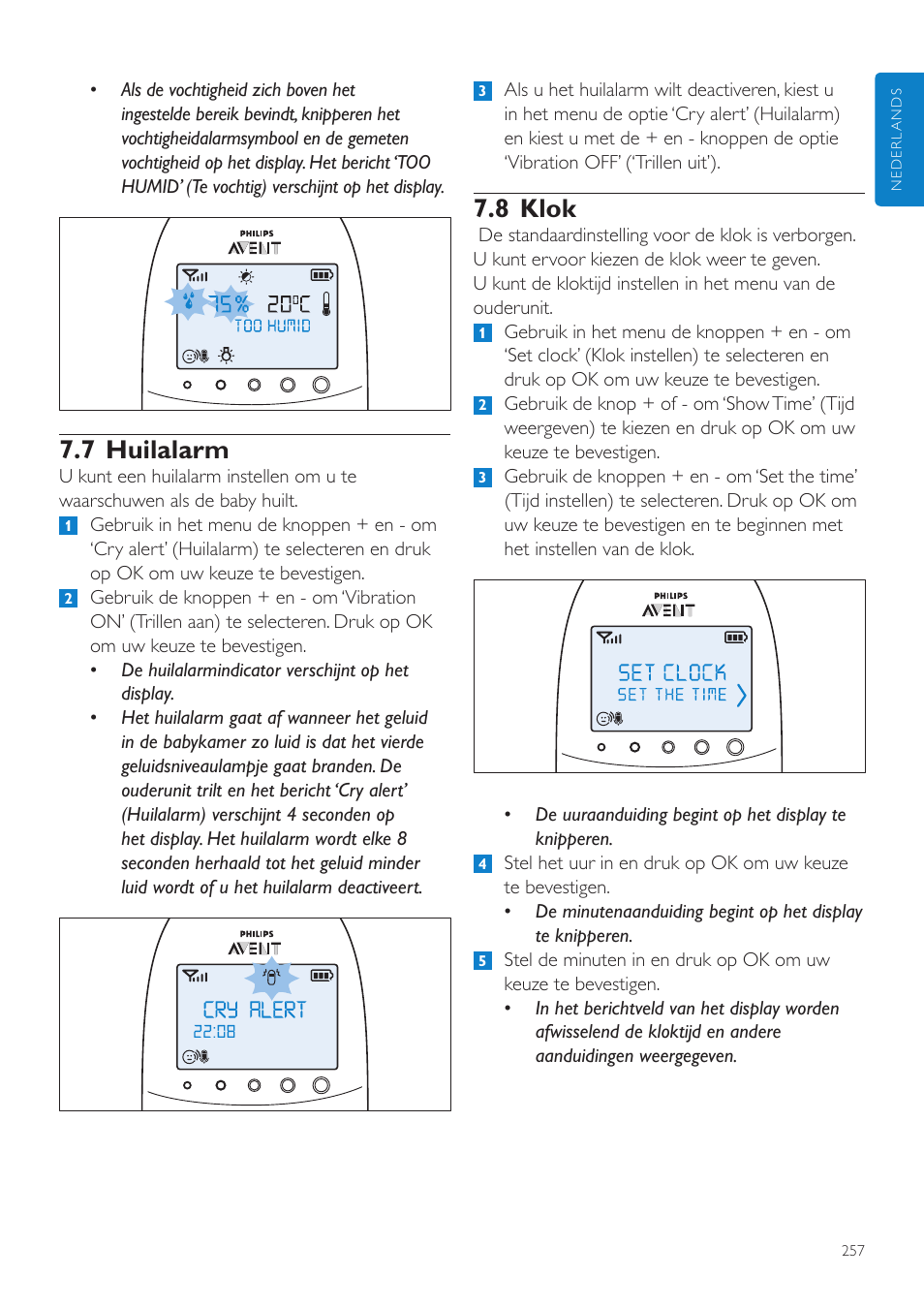 7 huilalarm, 8 klok | Philips AVENT Écoute-bébé DECT User Manual | Page 257 / 400