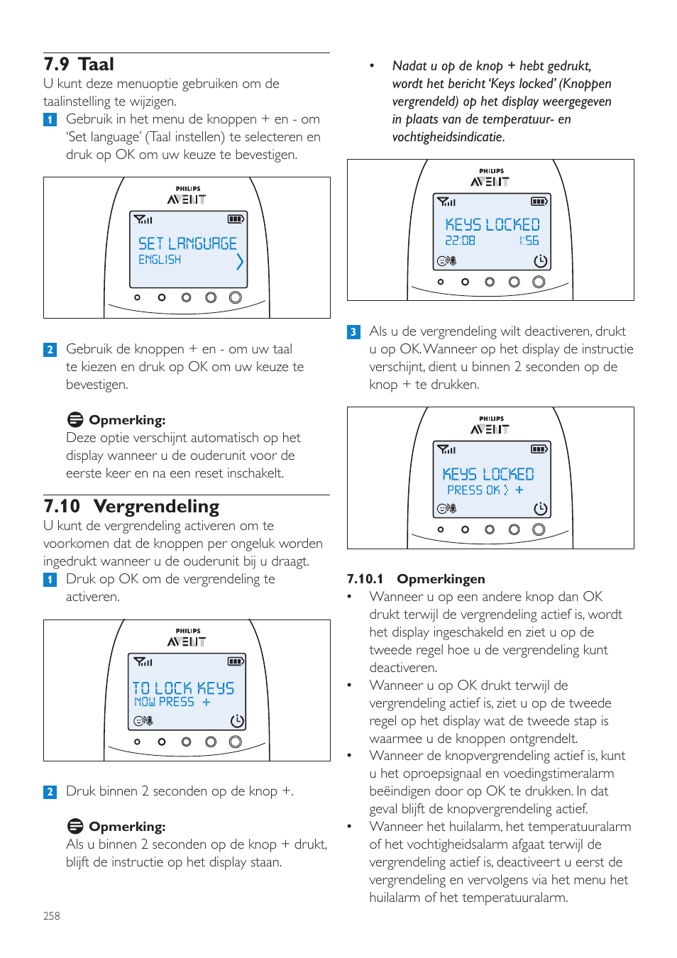 9 taal, 10 vergrendeling | Philips AVENT Écoute-bébé DECT User Manual | Page 258 / 400