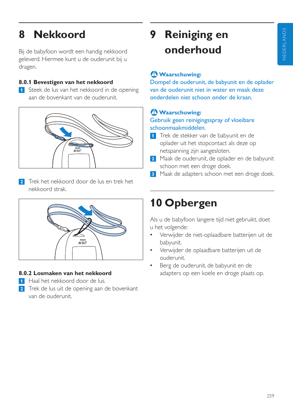 8 nekkoord, Reiniging en onderhoud, 10 opbergen | 9 reiniging en onderhoud | Philips AVENT Écoute-bébé DECT User Manual | Page 259 / 400