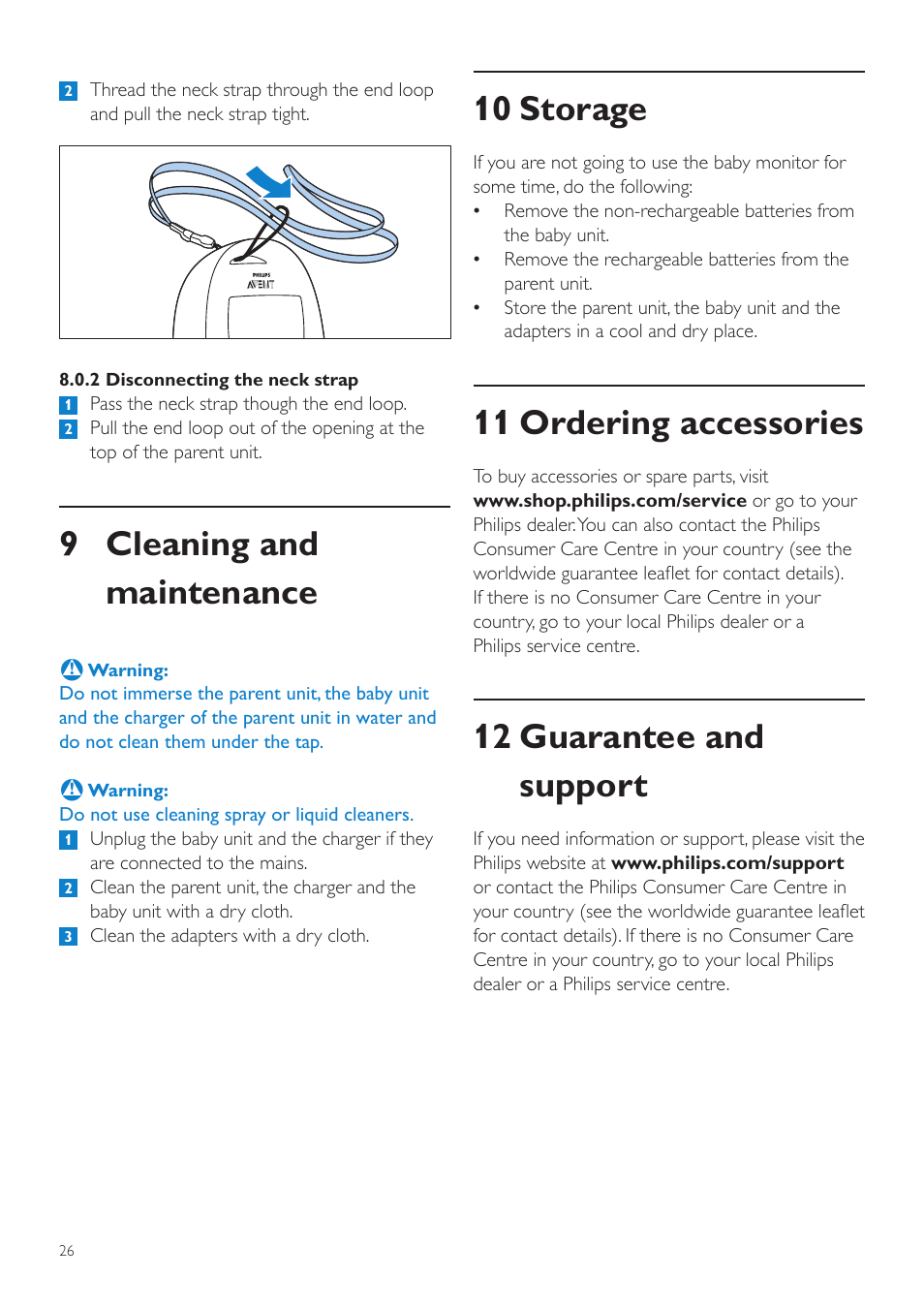 Cleaning and maintenance, 10 storage, 11 ordering accessories | 12 guarantee and support, 9 cleaning and maintenance | Philips AVENT Écoute-bébé DECT User Manual | Page 26 / 400