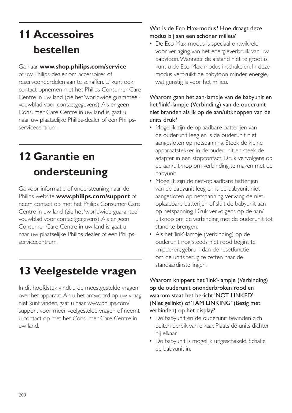 11 accessoires bestellen, 12 garantie en ondersteuning, 13 veelgestelde vragen | Philips AVENT Écoute-bébé DECT User Manual | Page 260 / 400