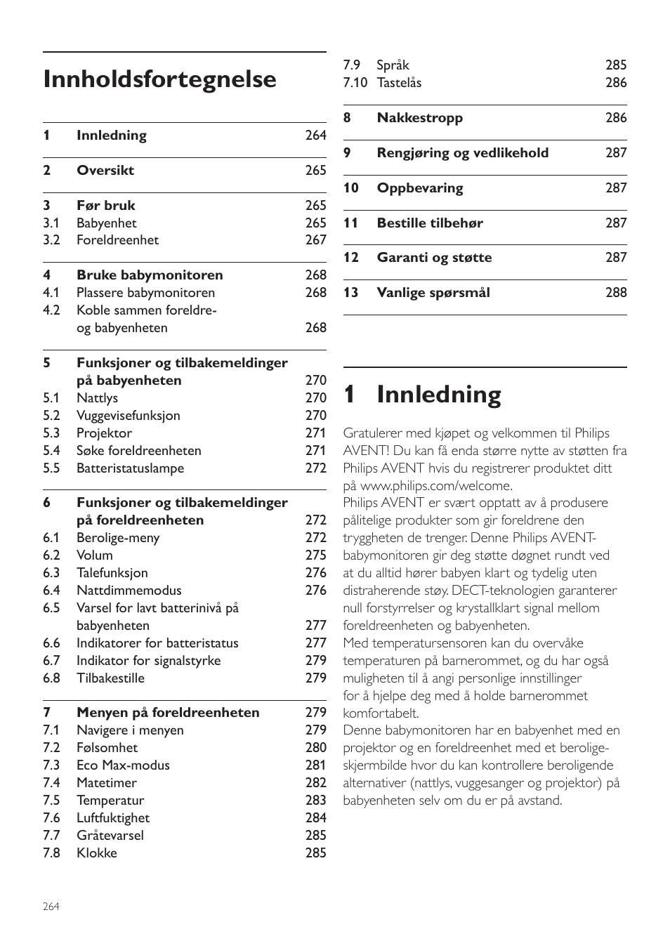 Norsk, No brukerhåndbok, 1 innledning | Innholdsfortegnelse | Philips AVENT Écoute-bébé DECT User Manual | Page 264 / 400