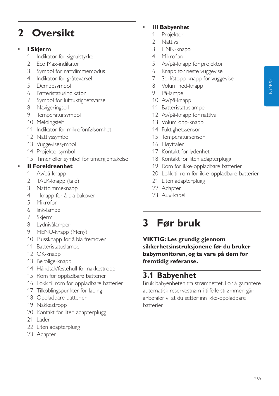 2 oversikt, Før bruk, 1 babyenhet | 3 før bruk | Philips AVENT Écoute-bébé DECT User Manual | Page 265 / 400