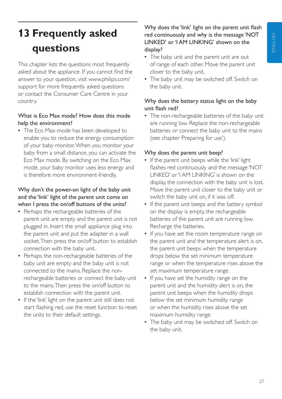 13 frequently asked questions | Philips AVENT Écoute-bébé DECT User Manual | Page 27 / 400