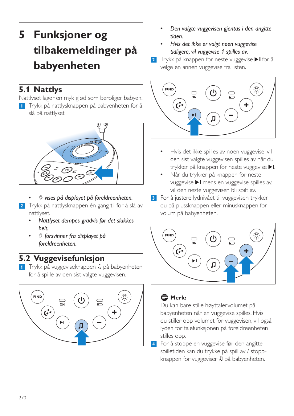 Funksjoner og tilbakemeldinger, På babyenheten, 1 nattlys | 2 vuggevisefunksjon, 5 funksjoner og tilbakemeldinger på babyenheten | Philips AVENT Écoute-bébé DECT User Manual | Page 270 / 400