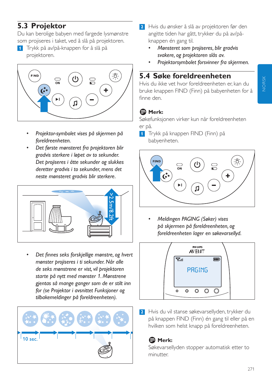 3 projektor, 4 søke foreldreenheten | Philips AVENT Écoute-bébé DECT User Manual | Page 271 / 400