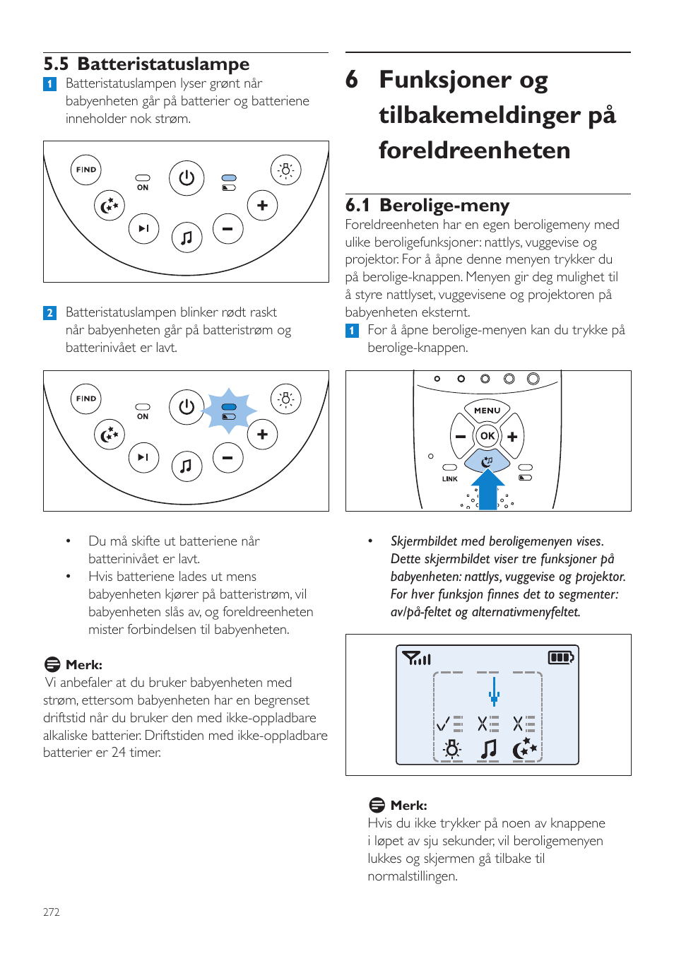 5 batteristatuslampe, Funksjoner og tilbakemeldinger, På foreldreenheten | 1 berolige-meny | Philips AVENT Écoute-bébé DECT User Manual | Page 272 / 400