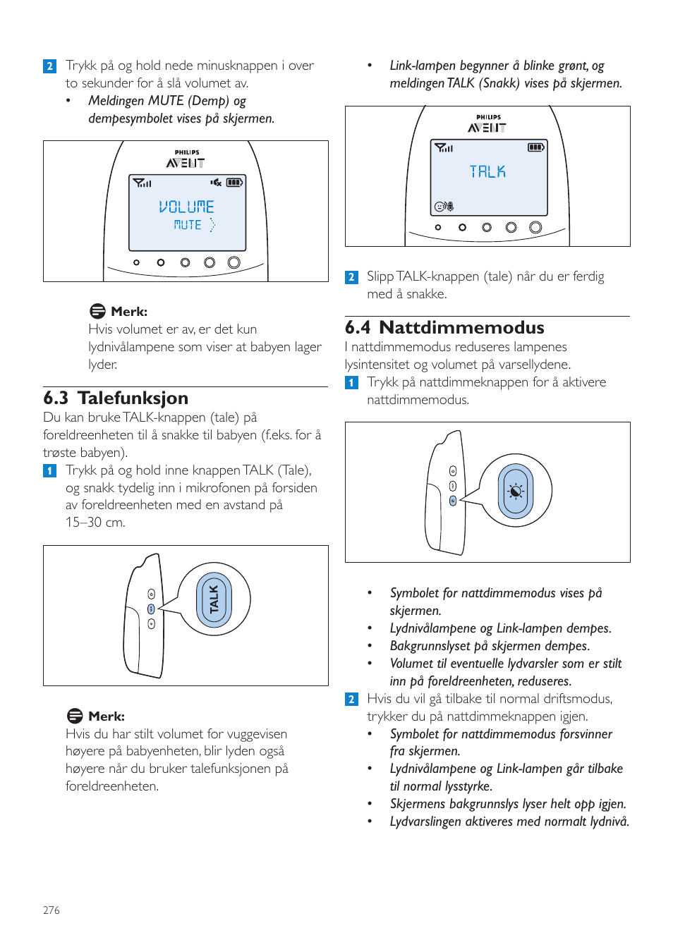 3 talefunksjon, 4 nattdimmemodus | Philips AVENT Écoute-bébé DECT User Manual | Page 276 / 400