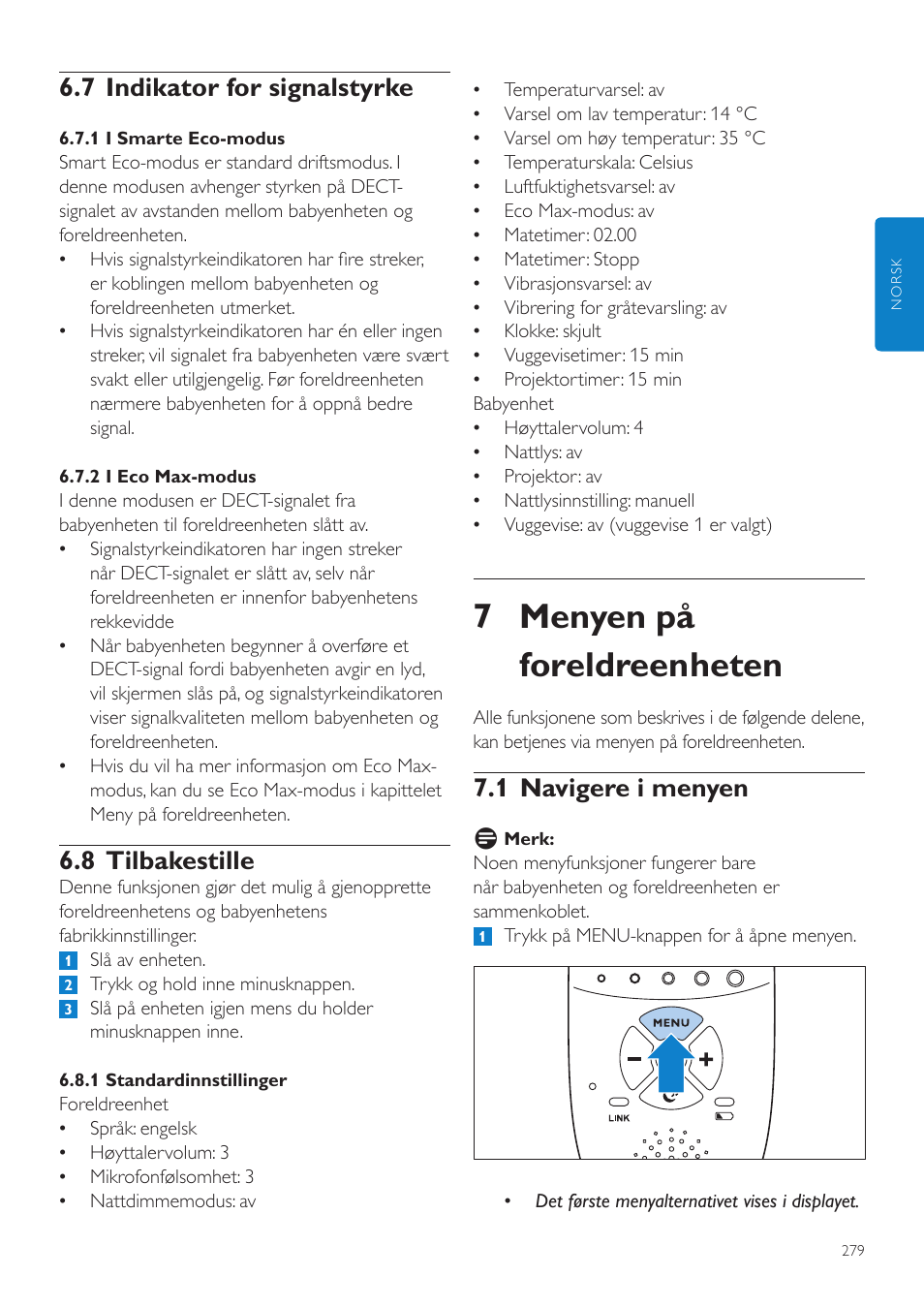 7 indikator for signalstyrke, 8 tilbakestille, Menyen på foreldreenheten | 1 navigere i menyen, 7 menyen på foreldreenheten | Philips AVENT Écoute-bébé DECT User Manual | Page 279 / 400