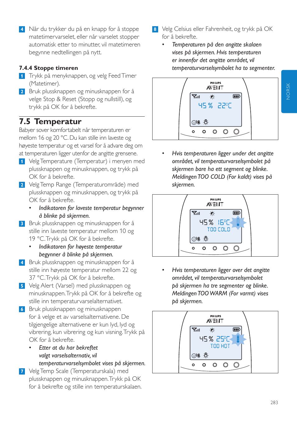 5 temperatur | Philips AVENT Écoute-bébé DECT User Manual | Page 283 / 400