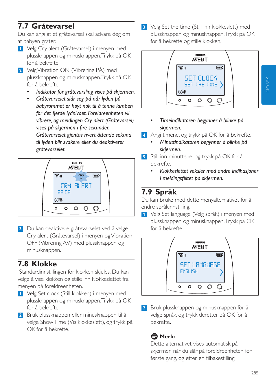 9 språk, 7 gråtevarsel, 8 klokke | Philips AVENT Écoute-bébé DECT User Manual | Page 285 / 400