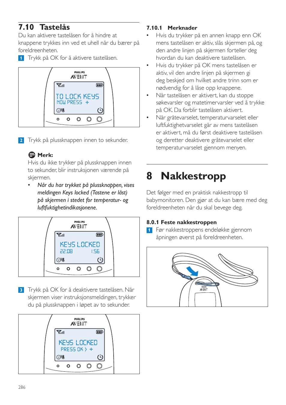 10 tastelås, 8 nakkestropp | Philips AVENT Écoute-bébé DECT User Manual | Page 286 / 400