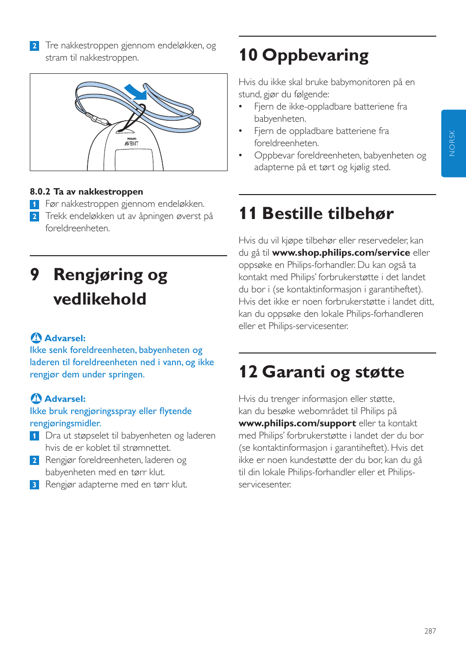 Rengjøring og vedlikehold, 10 oppbevaring, 11 bestille tilbehør | 12 garanti og støtte, 9 rengjøring og vedlikehold | Philips AVENT Écoute-bébé DECT User Manual | Page 287 / 400