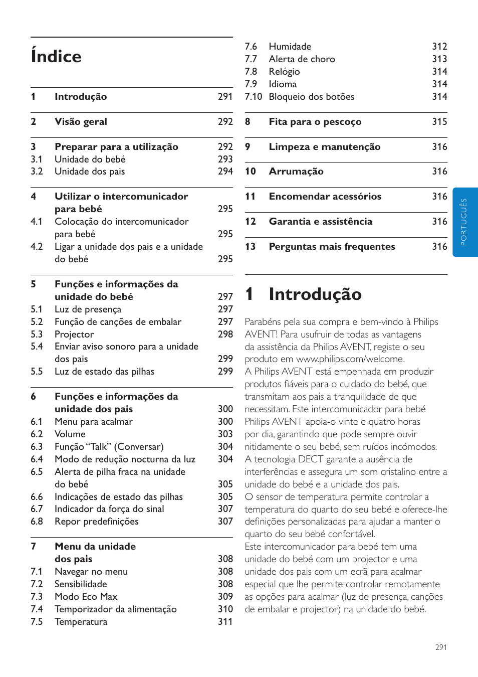 Português, Pt manual do utilizador, 1 introdução | Índice | Philips AVENT Écoute-bébé DECT User Manual | Page 291 / 400