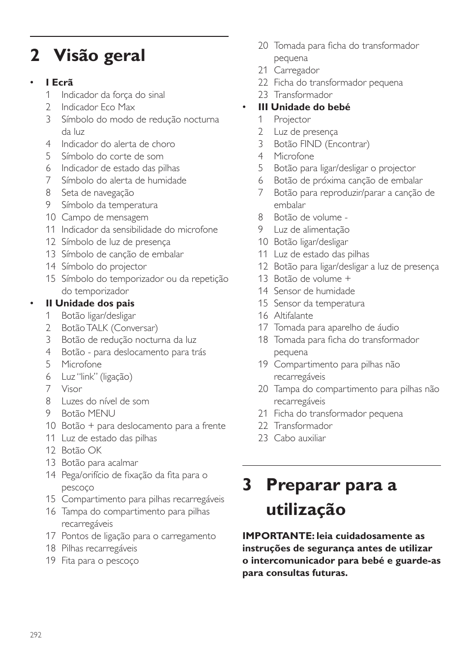 Visão geral, Preparar para a utilização, 3 preparar para a utilização | 2 visão geral | Philips AVENT Écoute-bébé DECT User Manual | Page 292 / 400