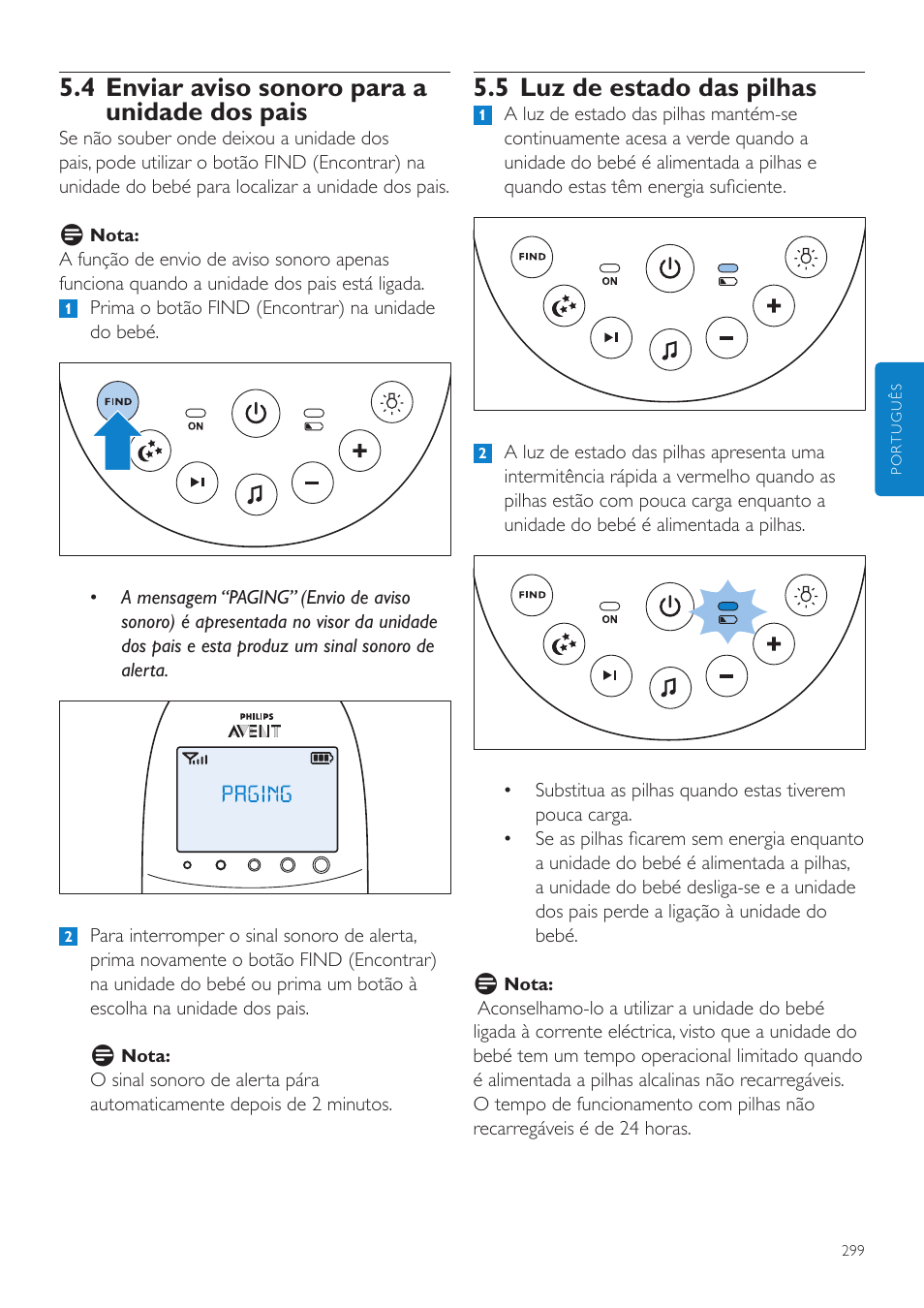 4 enviar aviso sonoro para a unidade, Dos pais, 5 luz de estado das pilhas | 4 enviar aviso sonoro para a unidade dos pais | Philips AVENT Écoute-bébé DECT User Manual | Page 299 / 400