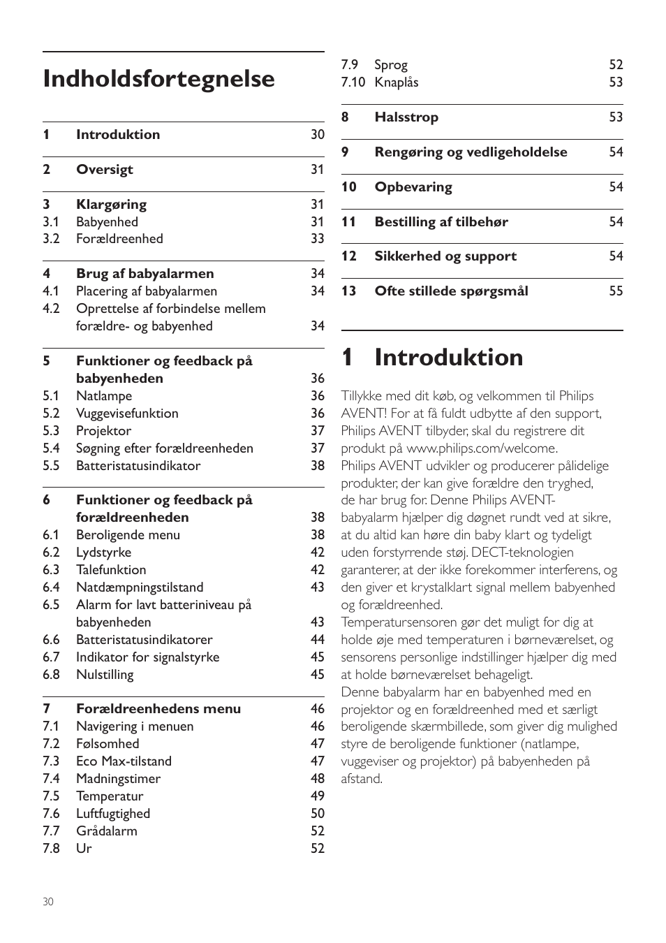 Dansk, Da brugervejledning, 1 introduktion | Indholdsfortegnelse | Philips AVENT Écoute-bébé DECT User Manual | Page 30 / 400