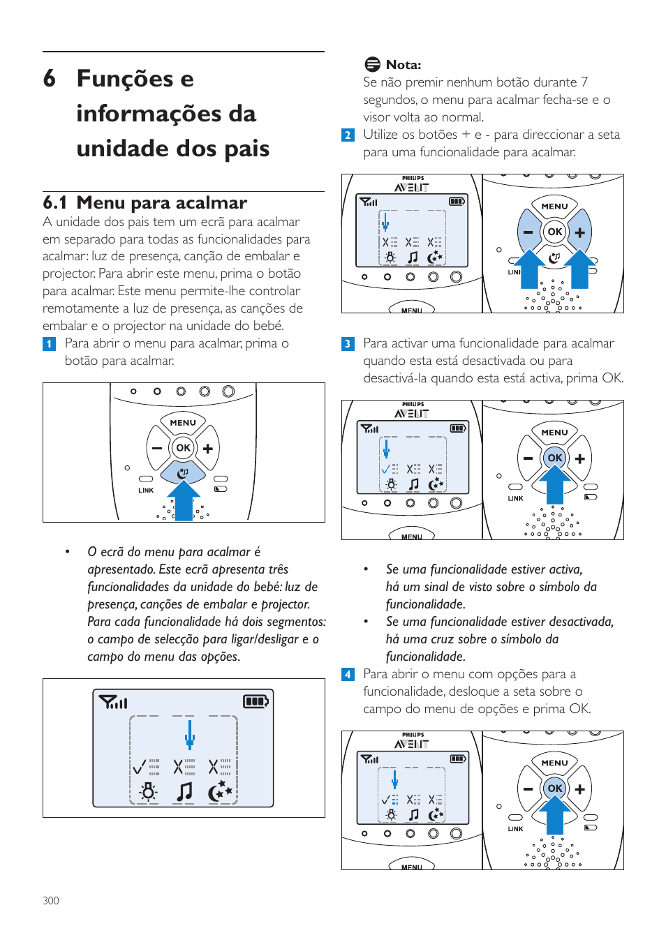 Funções e informações da, Unidade dos pais, 1 menu para acalmar | 6 funções e informações da unidade dos pais | Philips AVENT Écoute-bébé DECT User Manual | Page 300 / 400