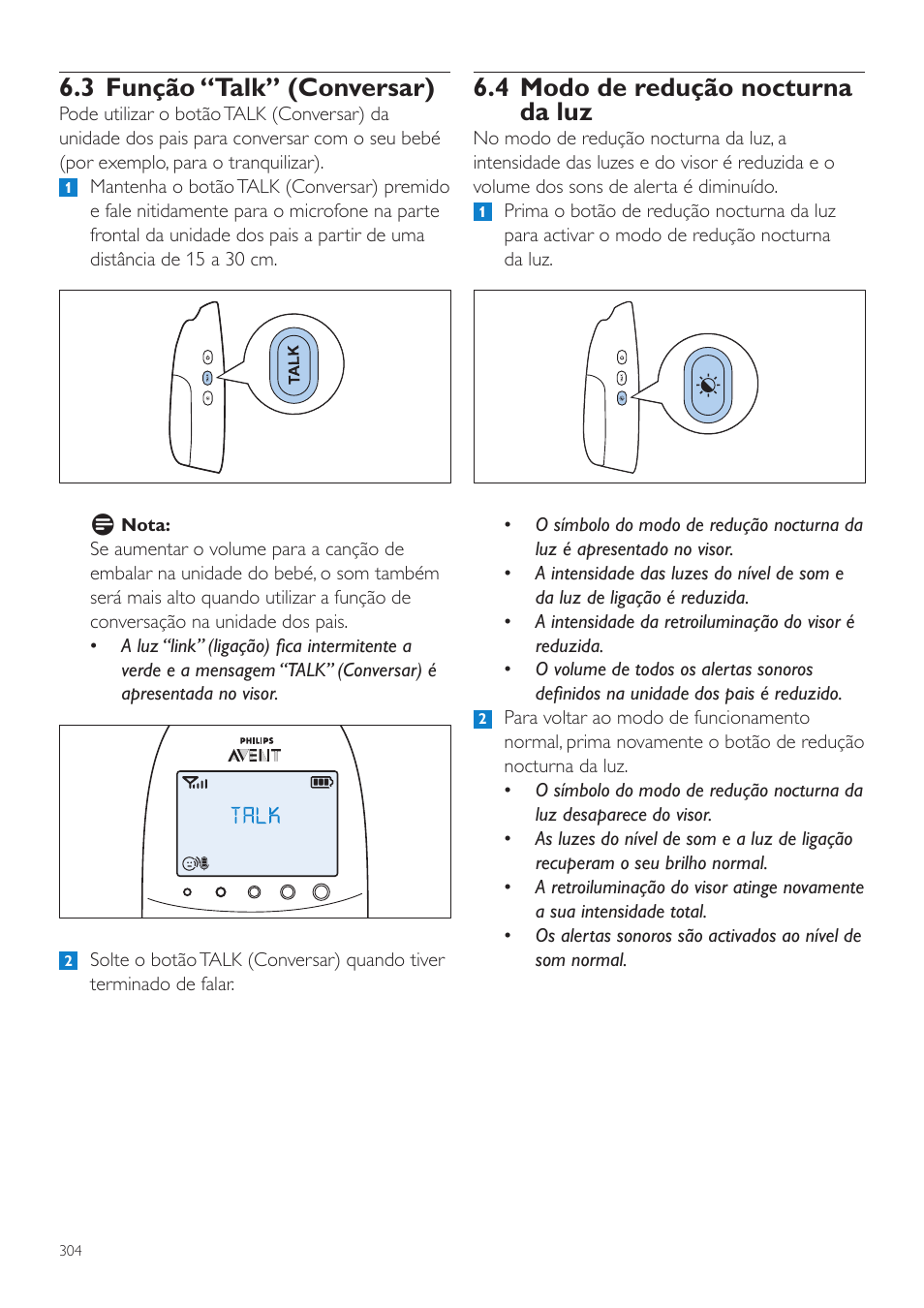 3 função “talk” (conversar), 4 modo de redução nocturna da luz | Philips AVENT Écoute-bébé DECT User Manual | Page 304 / 400