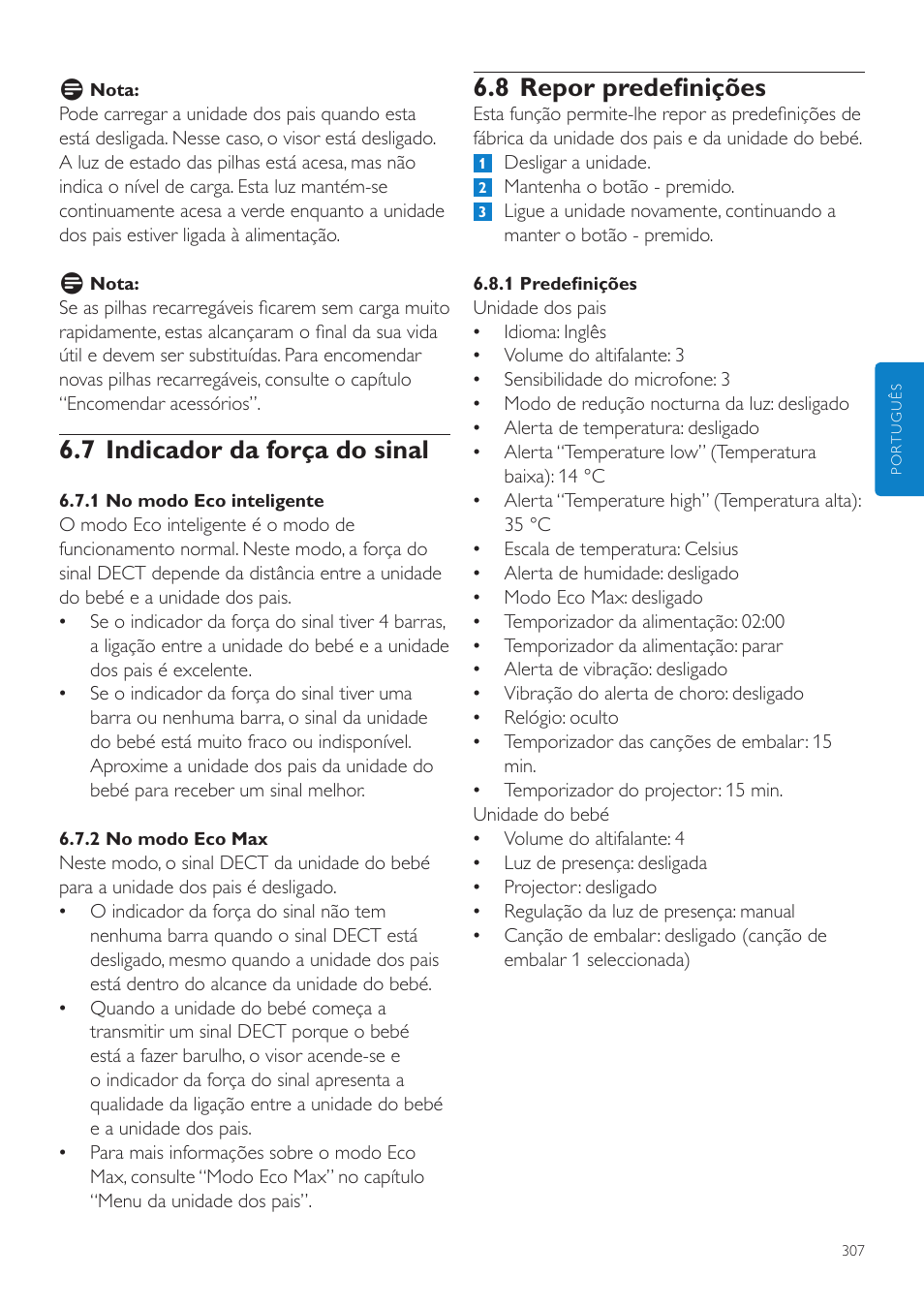 7 indicador da força do sinal, 8 repor predefinições | Philips AVENT Écoute-bébé DECT User Manual | Page 307 / 400