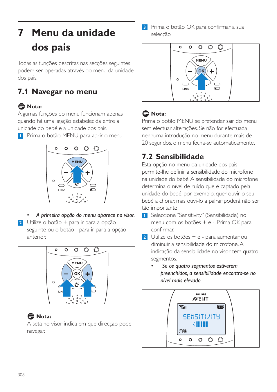 Menu da unidade, Dos pais, 1 navegar no menu | 2 sensibilidade, 7 menu da unidade dos pais | Philips AVENT Écoute-bébé DECT User Manual | Page 308 / 400