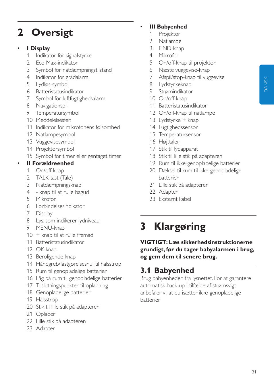 2 oversigt, 3 klargøring, 1 babyenhed | Philips AVENT Écoute-bébé DECT User Manual | Page 31 / 400