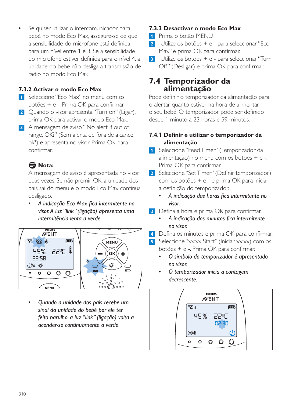 4 temporizador da alimentação | Philips AVENT Écoute-bébé DECT User Manual | Page 310 / 400