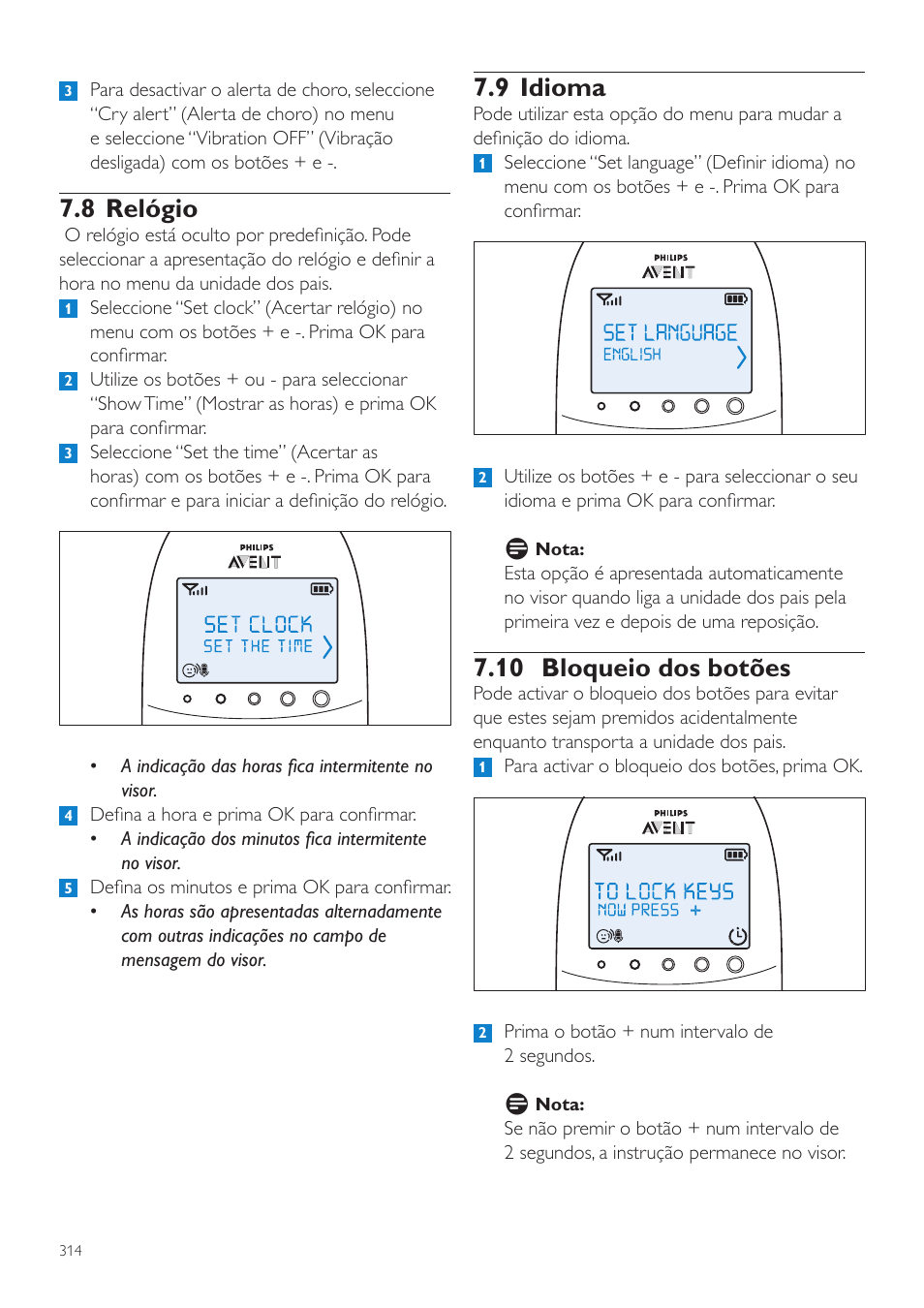 8 relógio, 9 idioma, 10 bloqueio dos botões | Philips AVENT Écoute-bébé DECT User Manual | Page 314 / 400