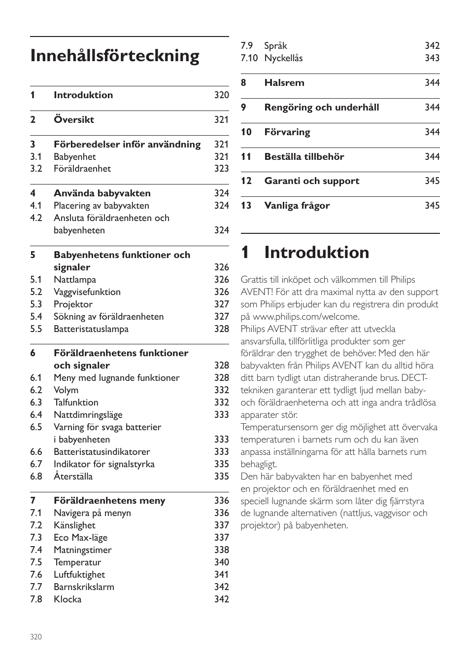 Svenska, Sv användarhandbok, 1 introduktion | Innehållsförteckning | Philips AVENT Écoute-bébé DECT User Manual | Page 320 / 400