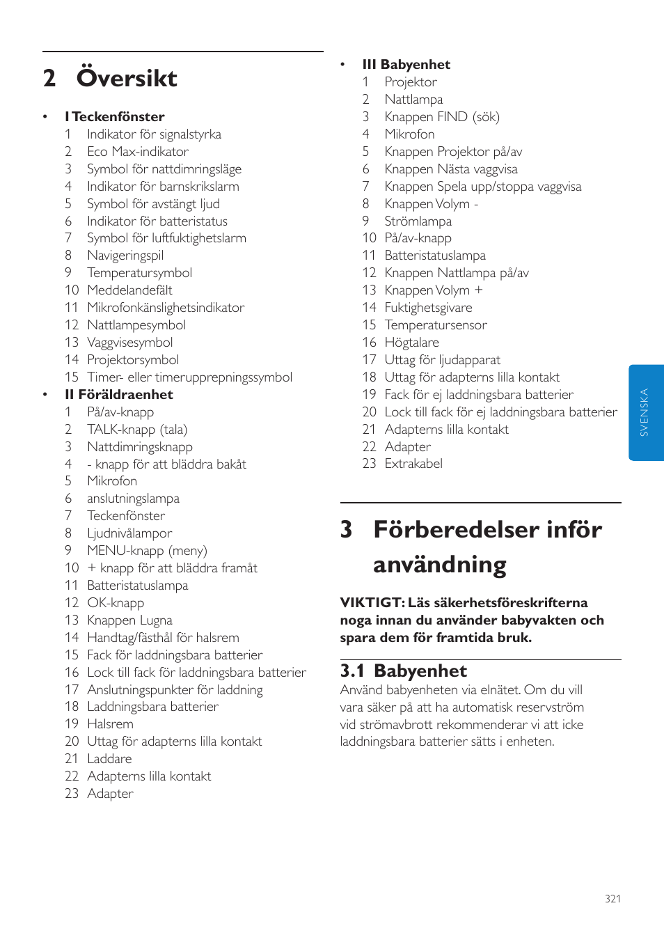 2 översikt, Förberedelser inför användning 321, 1 babyenhet | 3 förberedelser inför användning | Philips AVENT Écoute-bébé DECT User Manual | Page 321 / 400