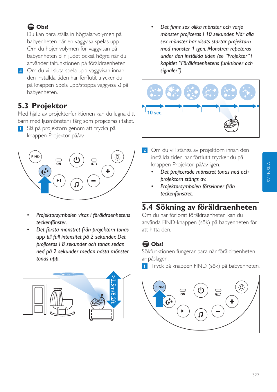 3 projektor, 4 sökning av föräldraenheten | Philips AVENT Écoute-bébé DECT User Manual | Page 327 / 400