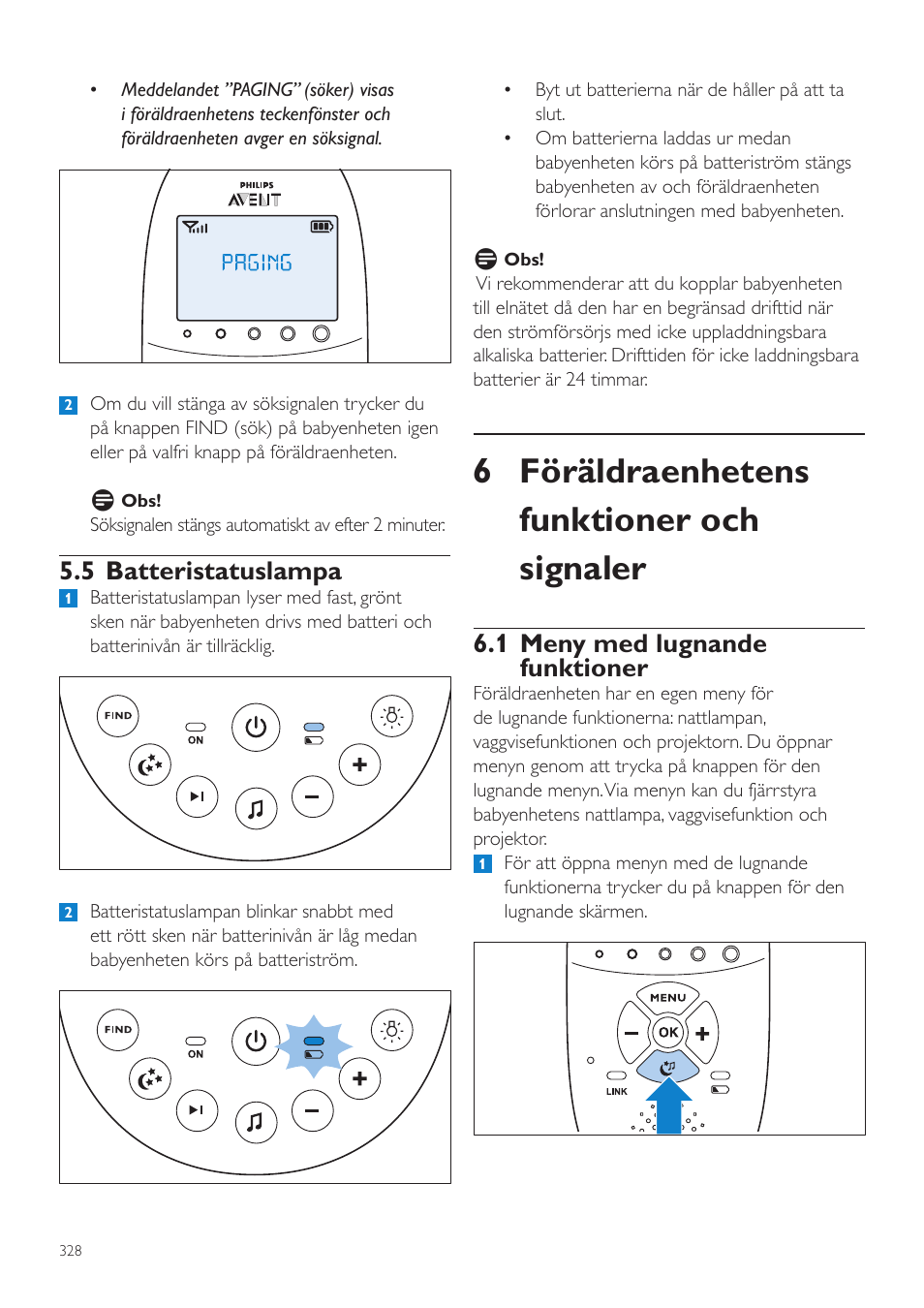 5 batteristatuslampa, Föräldraenhetens funktioner, Och signaler | 1 meny med lugnande funktioner, 6 föräldraenhetens funktioner och signaler | Philips AVENT Écoute-bébé DECT User Manual | Page 328 / 400