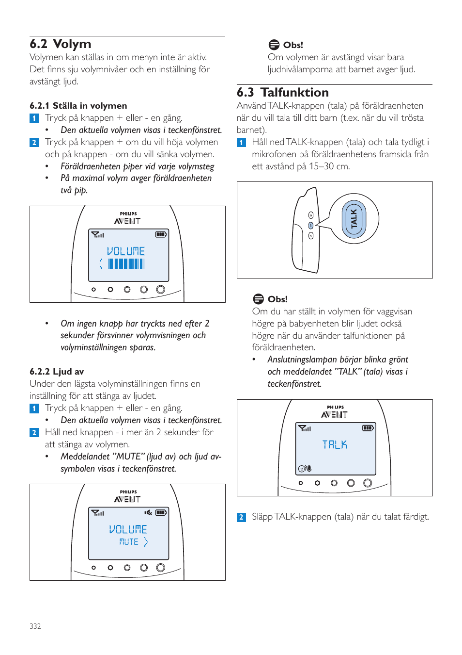 2 volym, 3 talfunktion | Philips AVENT Écoute-bébé DECT User Manual | Page 332 / 400