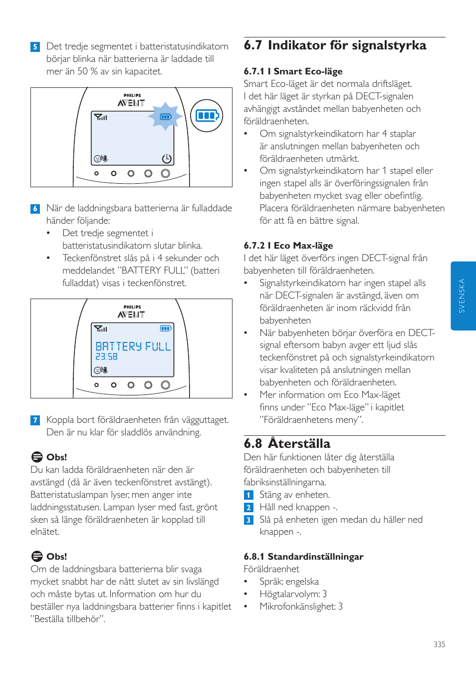 7 indikator för signalstyrka, 8 återställa | Philips AVENT Écoute-bébé DECT User Manual | Page 335 / 400