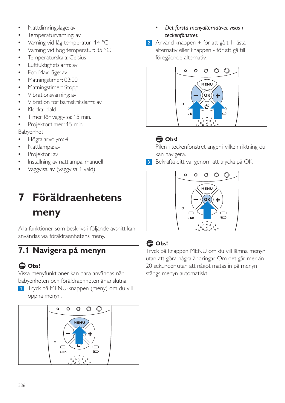 Föräldraenhetens meny, 1 navigera på menyn, 7 föräldraenhetens meny | Philips AVENT Écoute-bébé DECT User Manual | Page 336 / 400