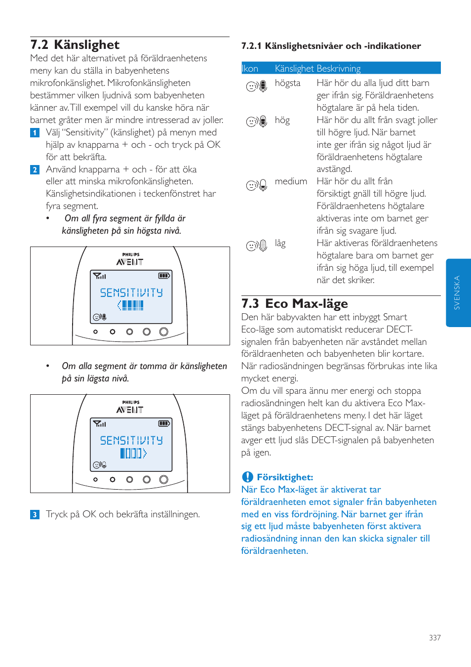 2 känslighet, 3 eco max-läge | Philips AVENT Écoute-bébé DECT User Manual | Page 337 / 400