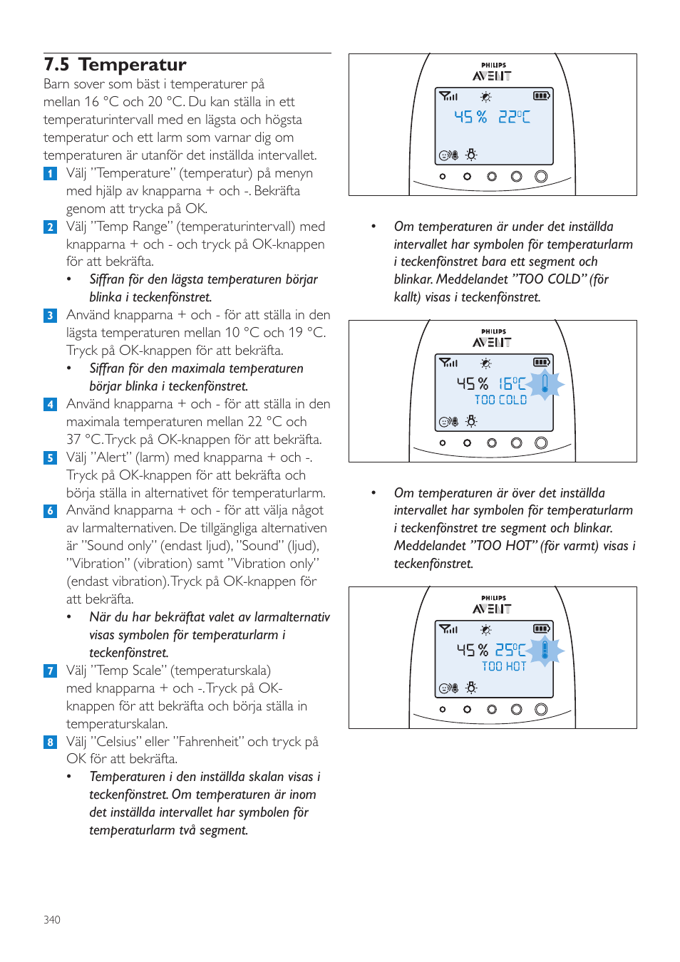 5 temperatur | Philips AVENT Écoute-bébé DECT User Manual | Page 340 / 400